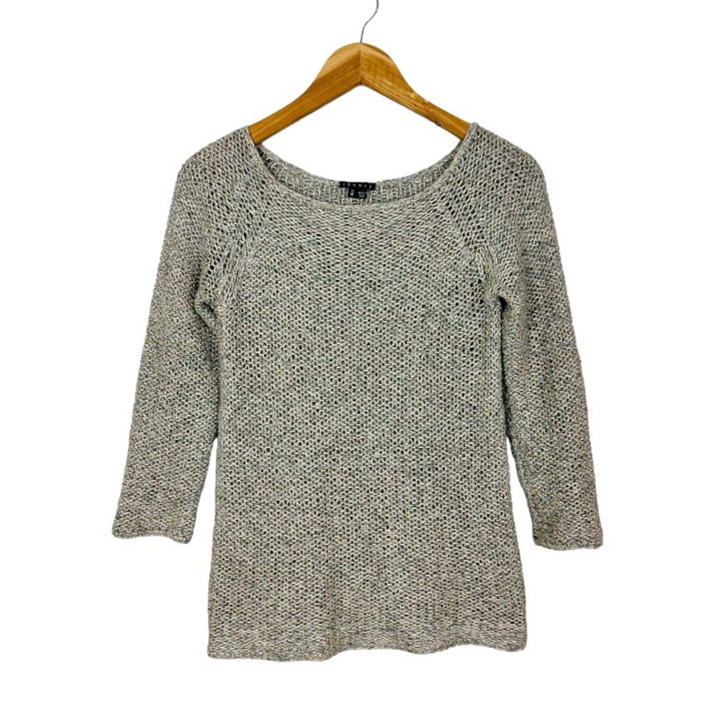 Theory Open Knit Pullover Sweater Size Medium Grey Copper Metallic Baby Alpaca
